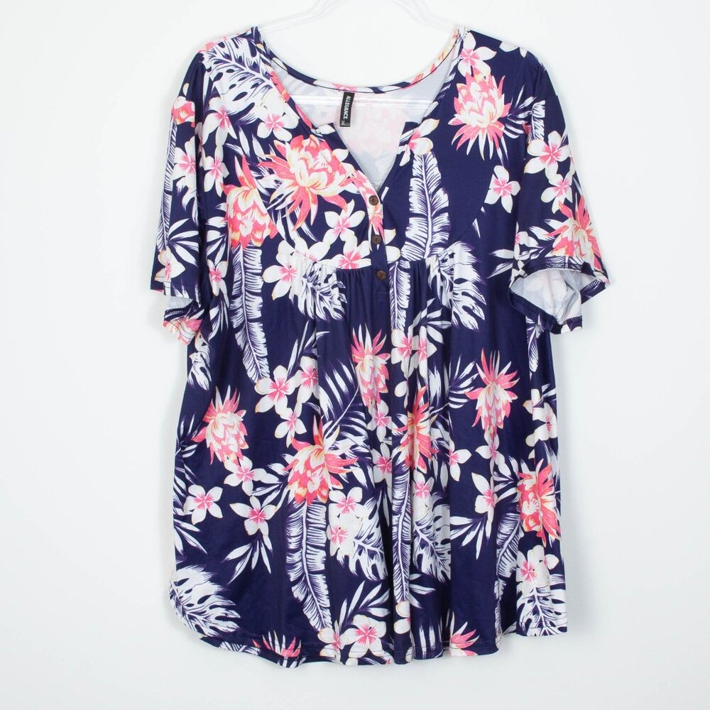 Allegrace Womens Floral Short Sleeve Casual Top Size 3X Tropical‎ Feminine